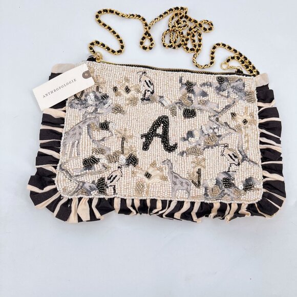 Anthropologie Monogram "A" Beaded Clutch Bag Ruffle Trim Chain Strap - Picture 1 of 15